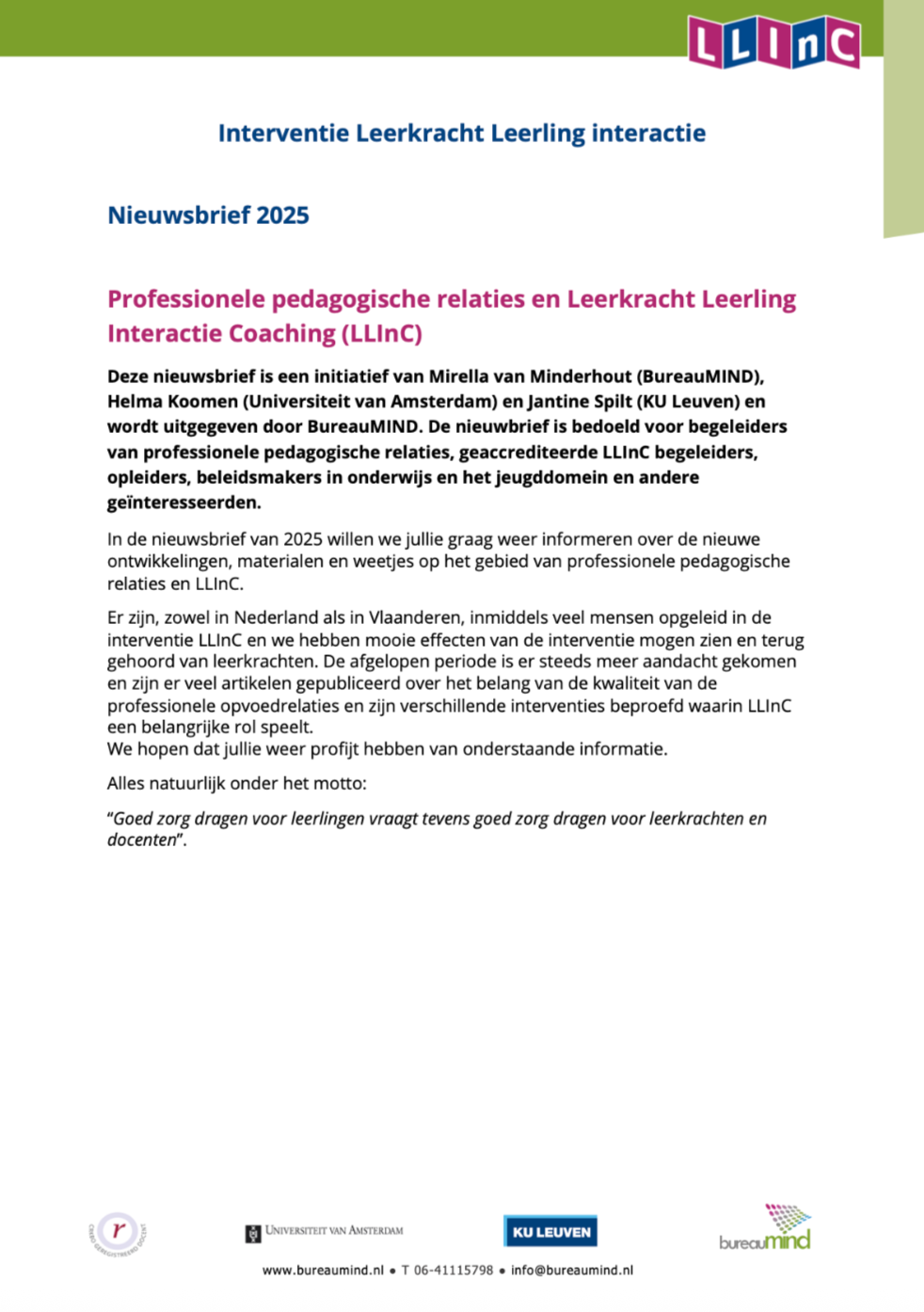Nieuwsbrief 2025: Professionele pedagogische relaties & LLInC